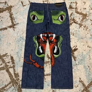 Vintage Parish Snake Embroidered Baggy Jeans Size 38x33 Y2K